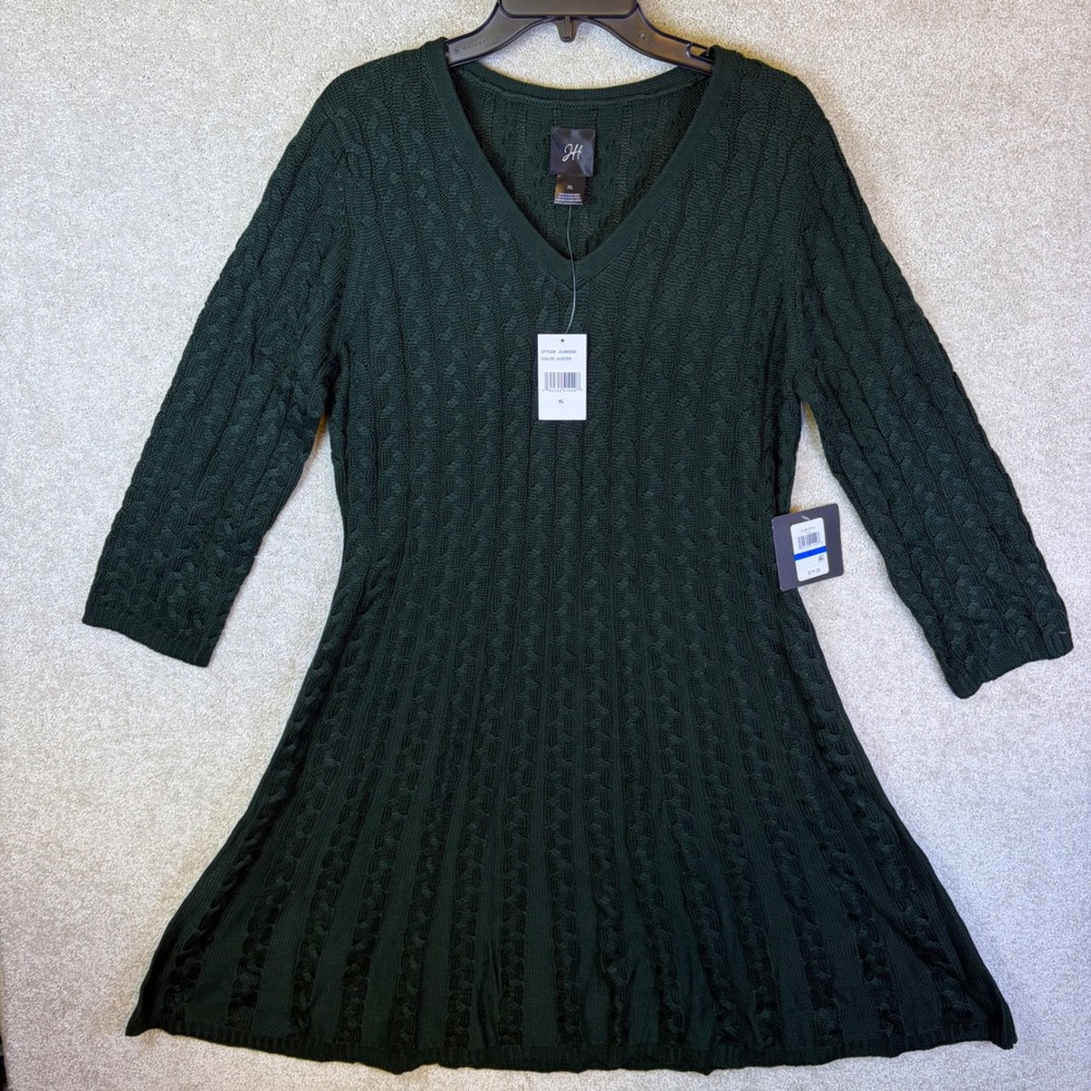 Jessica Howard Sweater Dress Wmns XL Hunter Green Cable Knit V-Neck JC4M3034 NEW
